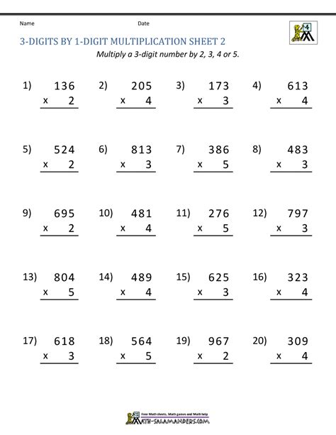 3 digit by 1 digit multiplication worksheets